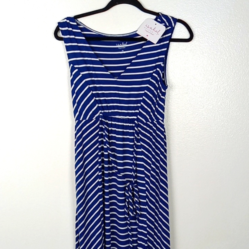 Isabel & Ingrid Maternity Maxi Dress XS Sleeveless Blue Striped V-neck NWT